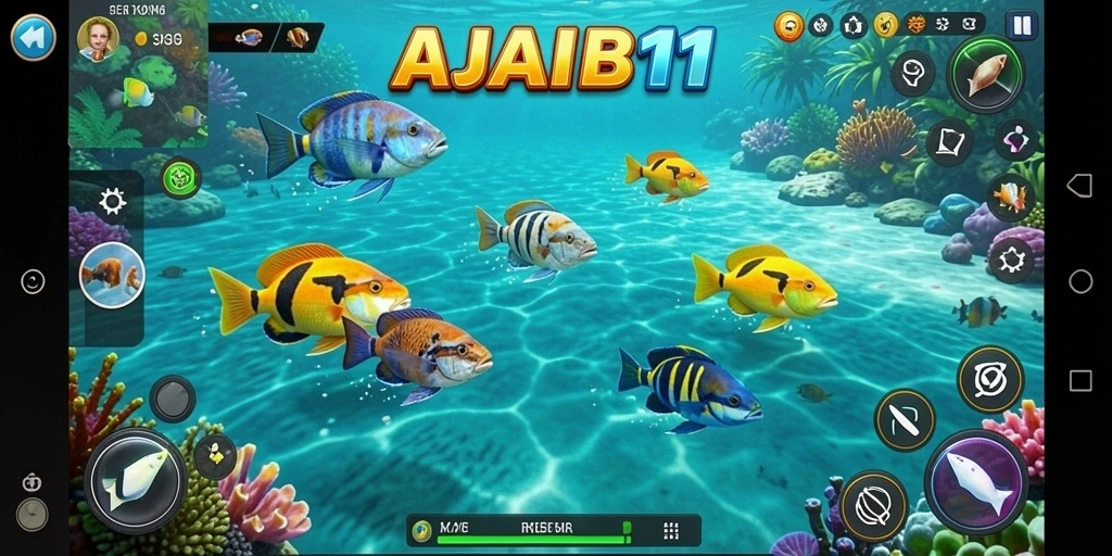 Screenshot gameplay AJAIB11 menampilkan aksi tembak ikan yang mendebarkan.