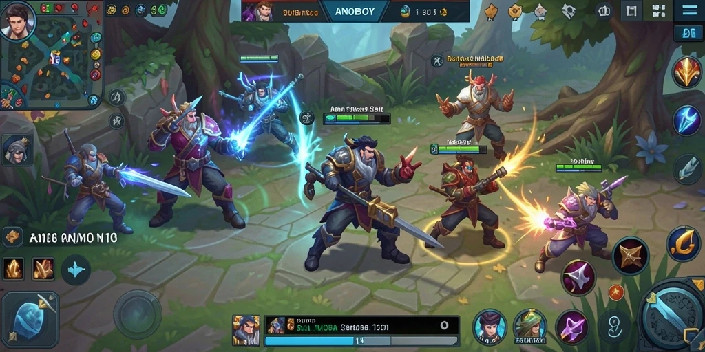 Tampilan action gameplay seru ANOBOY dalam pertempuran MOBA.