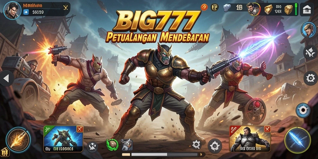 Menampilkan aksi seru dalam BIG777 saat karakter bertarung.