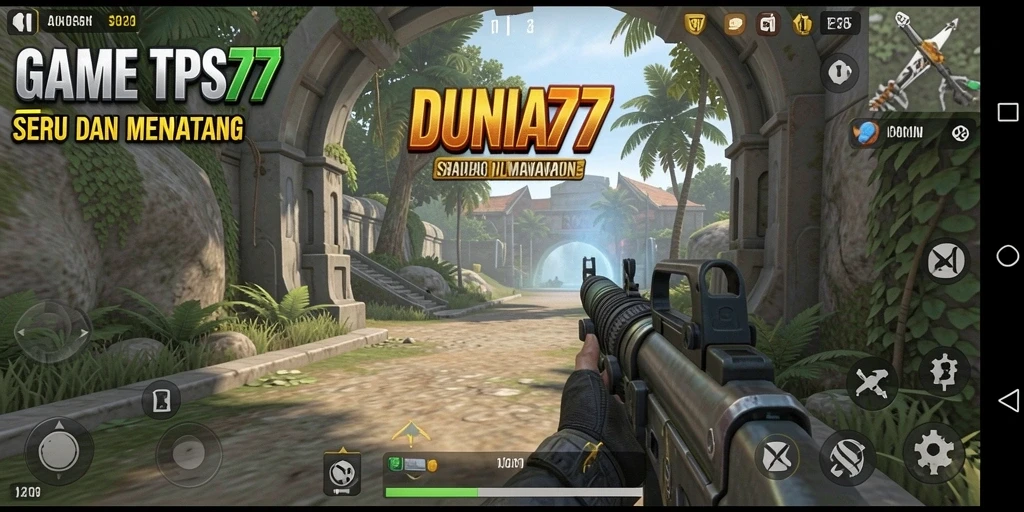 Gameplay seru DUNIA77 dengan aksi tembak-menembak di arena.