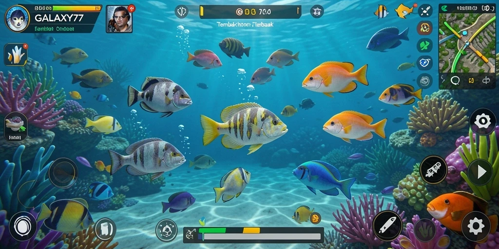 Tampilan gameplay seru di GALAXY77 dengan banyak ikan untuk ditembak.