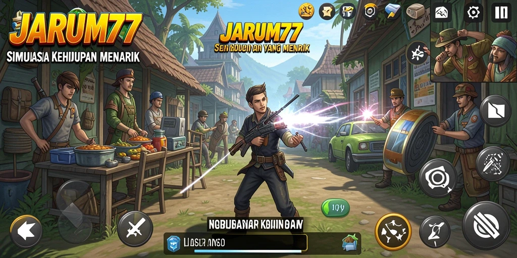 Tangkapan layar dari gameplay JARUM77 yang menunjukkan suasana simulasi kehidupan.