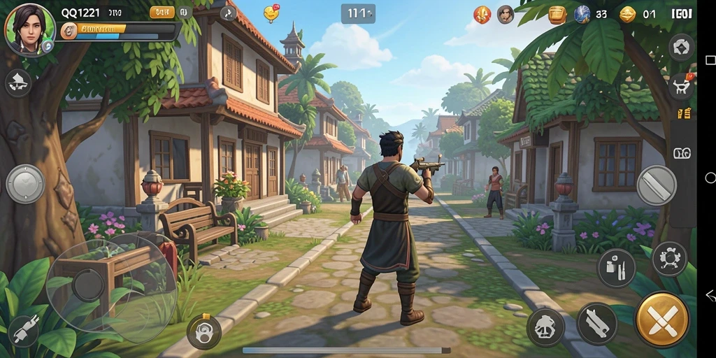 Tampilan gameplay <strong>QQ1221</strong> dengan karakter yang beraktivitas di lingkungan yang dinamis.