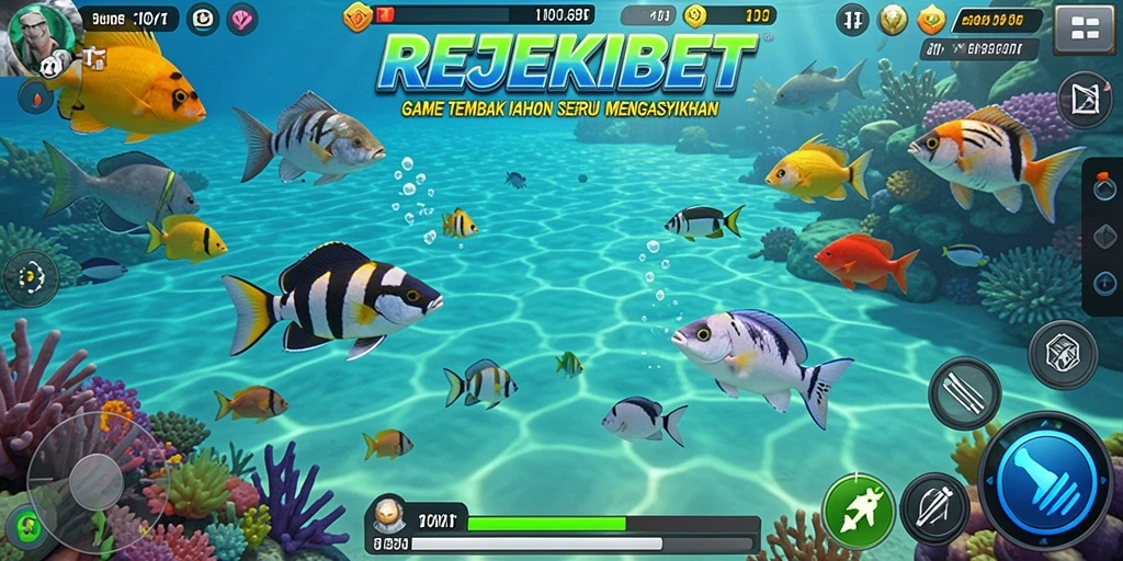 Tangkapan layar permainan REJEKIBET menunjukkan aksi tembak ikan yang seru.