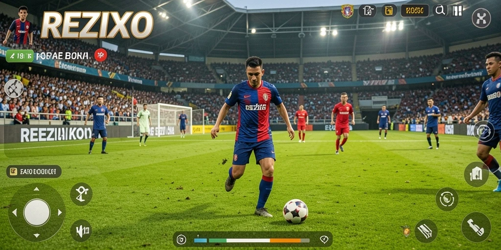 Tangkapan layar utama gameplay <strong>REZIXO</strong> menunjukkan aksi sepak bola yang mendebarkan.