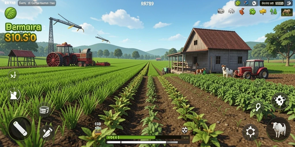Screenshot gameplay RR789 menampilkan ladang subur dengan tanaman beragam.