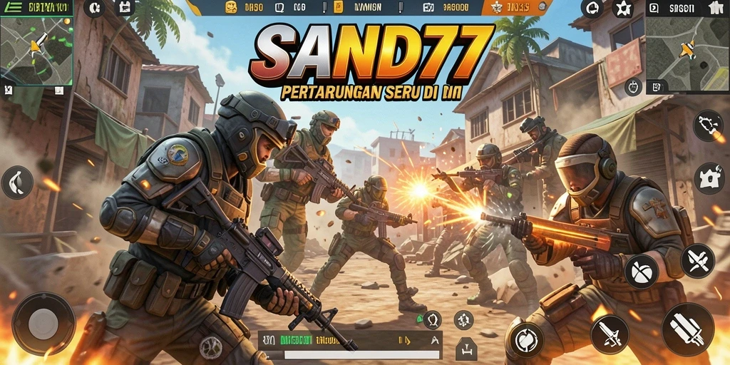 Screenshot gameplay <strong>SAND77</strong> menampilkan pertempuran intens di arena.